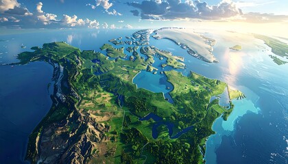 Aerial view of North America with sunlight glinting over an ocean, sky with clouds, and terrain with lakes