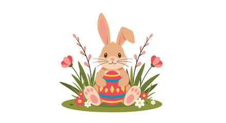 Fototapeta premium A cute fluffy bunny sits in a field of flowers with a colorful easter egg.
