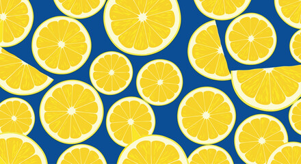 Fototapeta premium A vibrant pattern of thinly sliced bright yellow lemons scattered across a deep blue background.