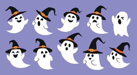 Fototapeta premium A collection of ten adorable cartoon ghosts wearing witch hats ready for Halloween celebrations.