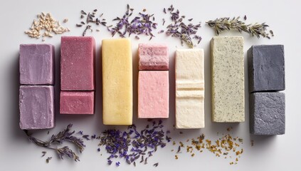 Colorful handmade soaps arranged on white background with herbs