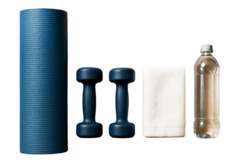 Gym fitness essentials including blue yoga mat, dumbbells, white towel, and water bottle, isolated on white background, clean lifestyle concept. Ai generative
