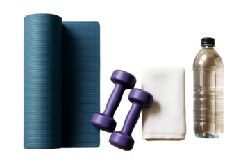 Yoga mat, purple dumbbells, white towel, and water bottle neatly arranged on white background, isolated closeup for fitness lifestyle concept. Ai generative