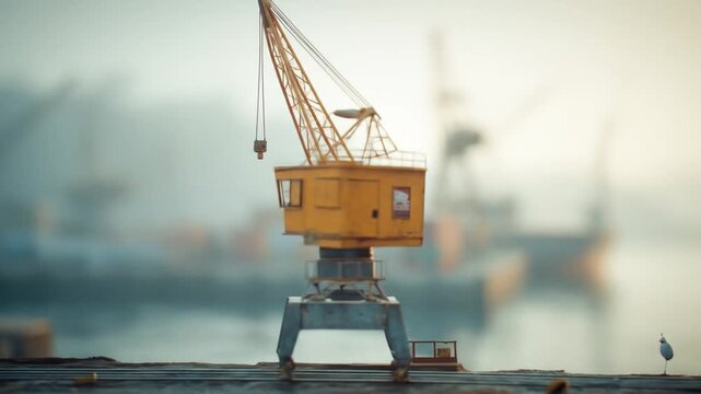 Yellow crane at harbor against a misty backdrop industrial scenery