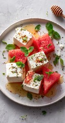 Fresh feta and watermelon salad with honey drizzle