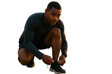 Athletic man in sportswear tying shoelace, isolated style on white background, concept of fitness, morning workout, focus and active lifestyle. Ai generative.