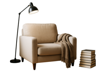 Comfortable beige armchair with knitted blanket, black floor lamp, and stack of books isolated on white background, modern lifestyle concept. Ai generative.