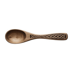 Wooden kitchen spoon with an intricate carved celtic knot pattern isolated on a transparent background for food editorial and culinary use.