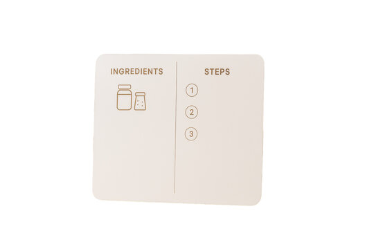 Recipe card template showing ingredients and numbered steps in minimal style, isolated on white background, concept of clean cooking layout. Ai generative - Powered by Adobe