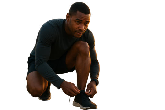 Athletic man in sportswear tying shoelace, isolated style on white background, concept of fitness, morning workout, focus and active lifestyle. Ai generative.