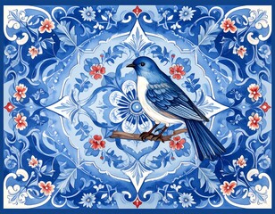 Decorative bird in blue tile design