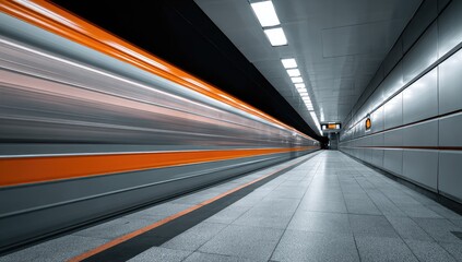 Fast-moving orange train in a modern subway tunnel