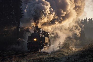 Fototapeta premium Nostalgic steam train running on railway at dawn, emitting smoke and steam, passing through forest, creating atmospheric scene