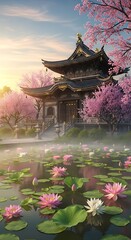 Peaceful Japanese Garden at Dawn.