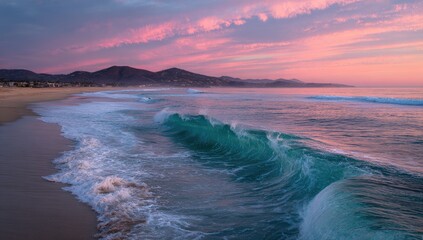 Pink sunset over ocean waves on sandy beach