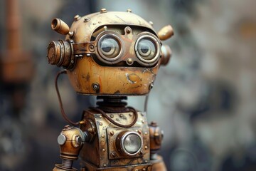 Close up of a steampunk robot, showcasing intricate details and craftsmanship