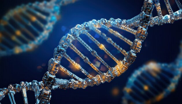 Pixelated DNA helix design displayed against a dark blue backdrop showcasing vibrant details - Powered by Adobe