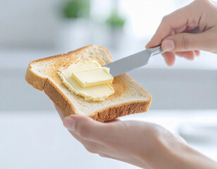 バターを塗っているトーストのアップ