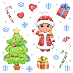 Christmas set with Girl, gifts, candy canes, tree, berries, heart and mitten. Vector illustration on a white background with snow and snowflakes.