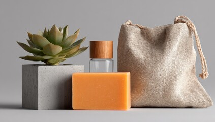 Orange soap, plant, and bag on gray