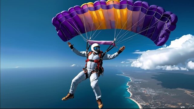 A man flying through the air with a parachute