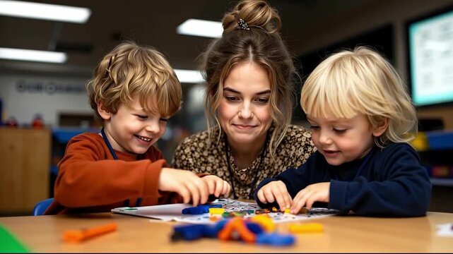 A woman and two children playing with blocks at a table