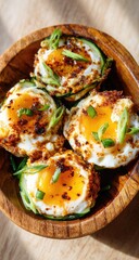 Four small, individual zucchini boats filled with sunny-side-up eggs, topped with spices and green onions