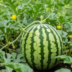 Ripe Watermelon Growing in Garden.
