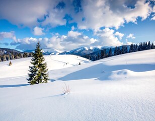 Fototapeta premium Winter landscape of snowy hills, fir tree, and mountain backdrop under a bright blue sky dotted with fluffy clouds