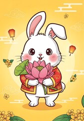 Cute Rabbit with Lotus Flower in Chinese Outfit.