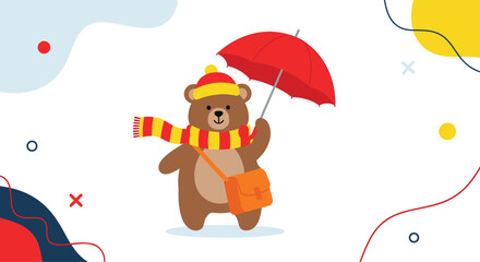 A cheerful bear with a bright red umbrella and a cozy scarf walking in the autumn weather.