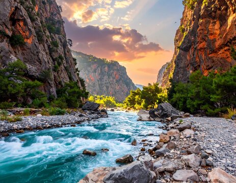 Turquoise river rushes thru rocky gorge; trees cling to steep cliffs under a colorful sky