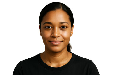 Closeup of a smiling young woman looking at camera, clean style, isolated on white background. Concept of people, cutout, and portrait design. Ai generative.