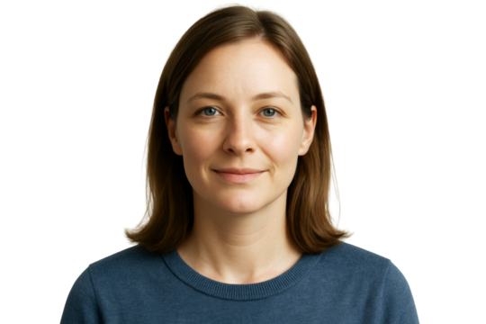 Closeup portrait of a young woman with light skin, natural smile and straight brown hair, isolated on white background, concept of clean people element. Ai generative