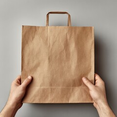Hands hold a plain kraft paper shopping bag