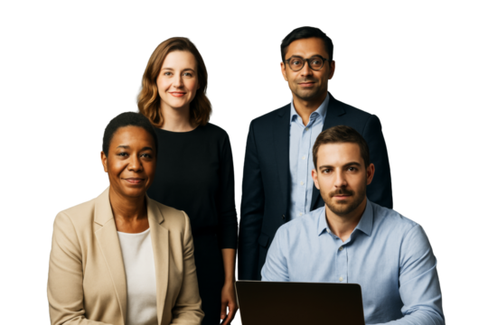 Group of diverse business professionals posing together, isolated style, white background, concept of teamwork and corporate unity. Ai generative