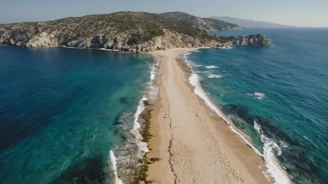 Aerial view of a sandy isthmus between two bodies of turquoise and blue water, bordered by coastal hills