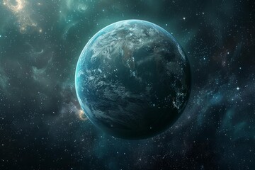 Obraz premium Earth planet rotating in deep space with turquoise nebulae, stars and galaxies, astronomy and space exploration concept