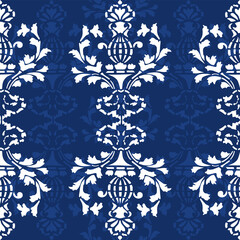 Elegant hand-drawn damask floral pattern in blue and white tones, perfect for luxury home decor, textile design, and wallpaper projects
