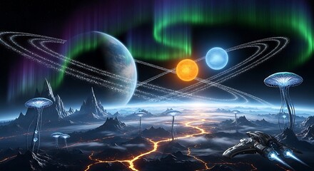 Alien Planet Landscape with Aurora Borealis.