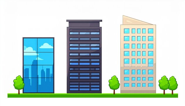 Vector illustration of three modern skyscrapers, including a glass office building, standing on a green lawn with trees.
