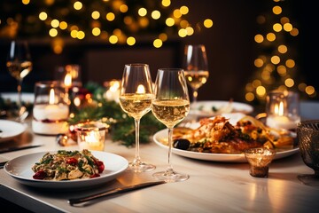 Christmas dinner table setting with delicious food, sparkling wine, and warm candlelight creating a festive atmosphere