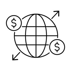 Outline globe with dollar signs and arrows symbolizing global finance and currency exchange vector 