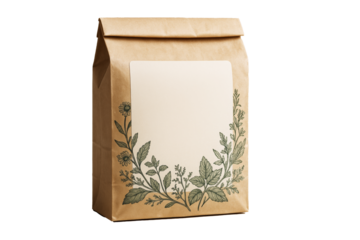 Brown kraft paper bag with floral plant drawing and empty label, isolated on white background, clean eco-friendly packaging concept. Ai generative