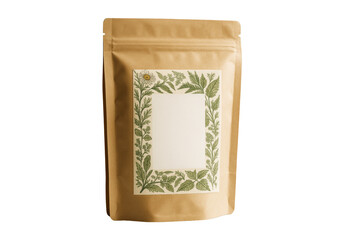 Brown kraft pouch with a botanical label showing green plants and flowers, isolated on a white background, ideal for clean product design. Ai generative