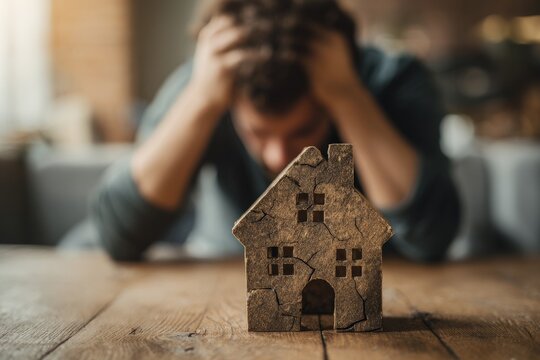 Cracked paper house model on a wooden table with a stressed man in the background