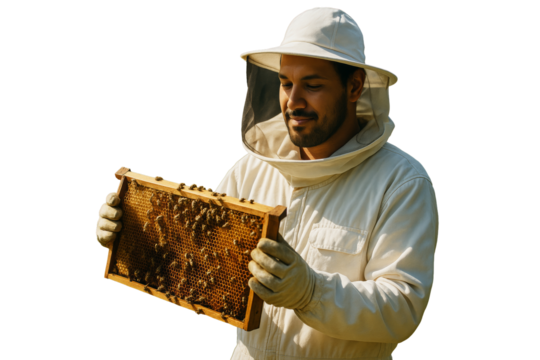 Beekeeper in protective suit holding honeycomb full of bees, closeup style, isolated on white background. Concept of beekeeping and honey harvesting. Ai generative.