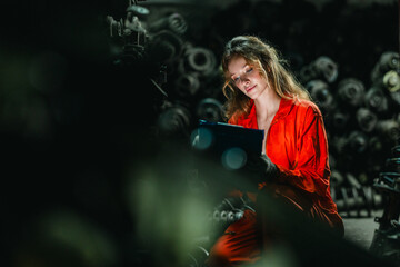 Fototapeta premium Female Technician Inspecting Auto Parts Inventory in Industrial Warehouse