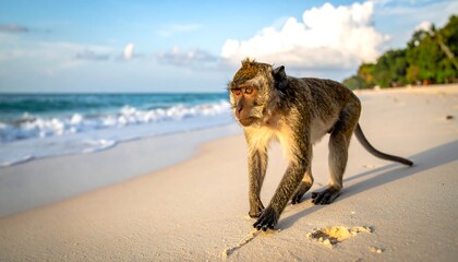 Monkey walking along a sandy beach with clear water and a tropical forest in the background on a sunny day