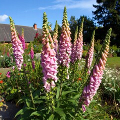 Pink foxgloves in a garden